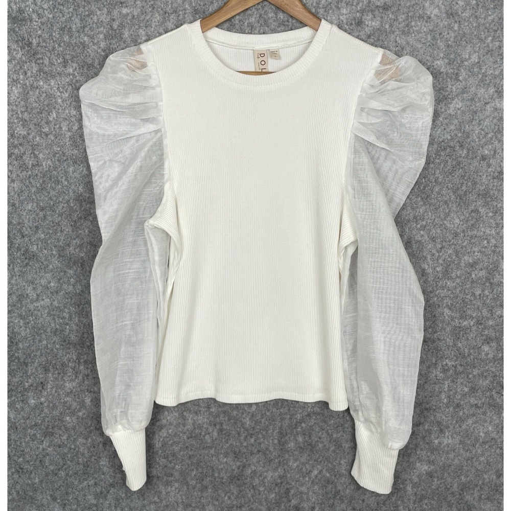Dolan Womens White Ribbed Knit Sheer Puff Sleeve Top Size XL Going Out Ethereal